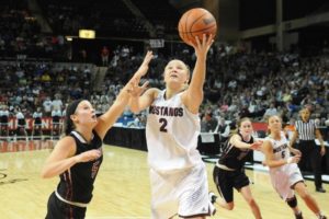 Lexi Ackerman of Morningside College going up for a layup against Hastings College. She scored 11 points to help Morningside win 66-63.